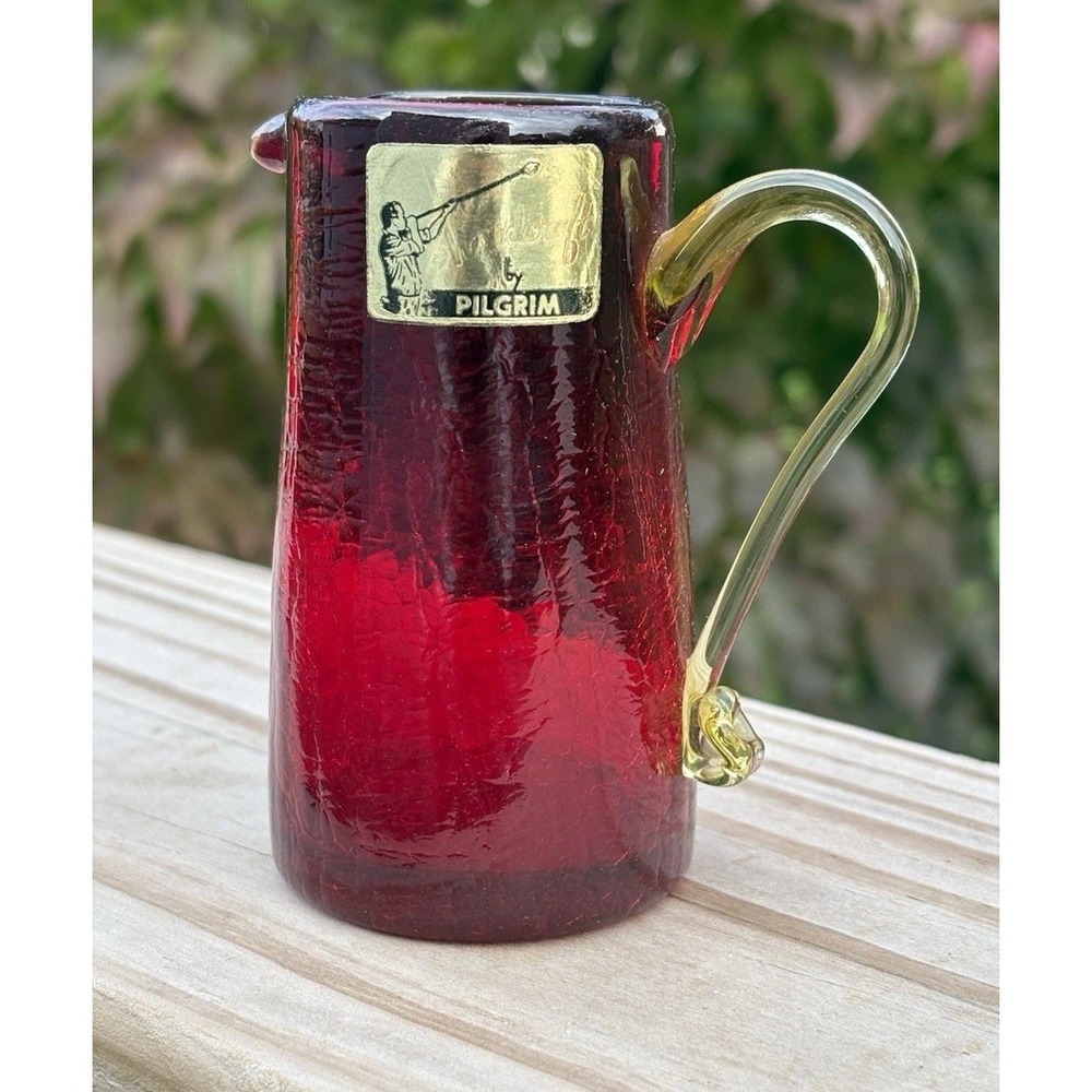 VTG 50’s Pilgrim Handblown Glass Mini Pitcher Ruby Red W Yellow Handle W Label